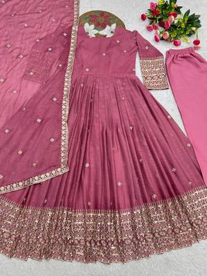 onion pink color embroidery and sequin work silk blend gown set 5
