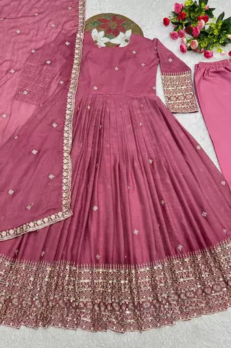onion pink color embroidery and sequin work silk blend gown set