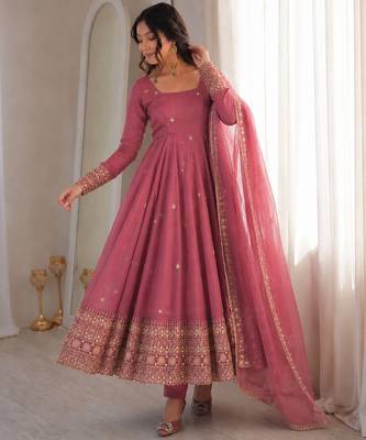 Onion pink rangoli silk embroidered with sequence anarkali suit 2