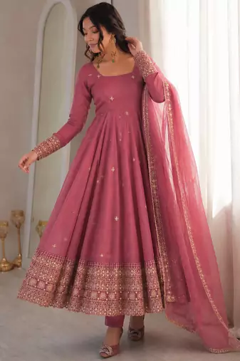 Onion pink rangoli silk embroidered with sequence anarkali suit
