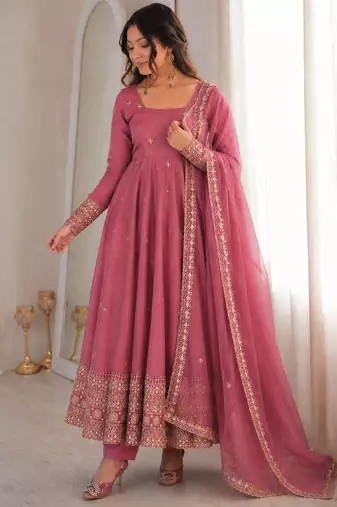 Onion pink rangoli silk embroidered with sequence anarkali suit