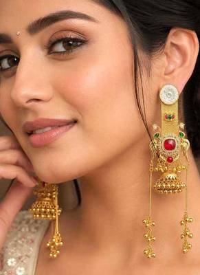 Indian Bridal Jhumka Earrings, Long Gold Kashmiri Statement Earrings 1