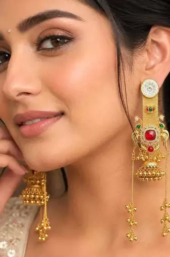 Indian Bridal Jhumka Earrings, Long Gold Kashmiri Statement Earrings