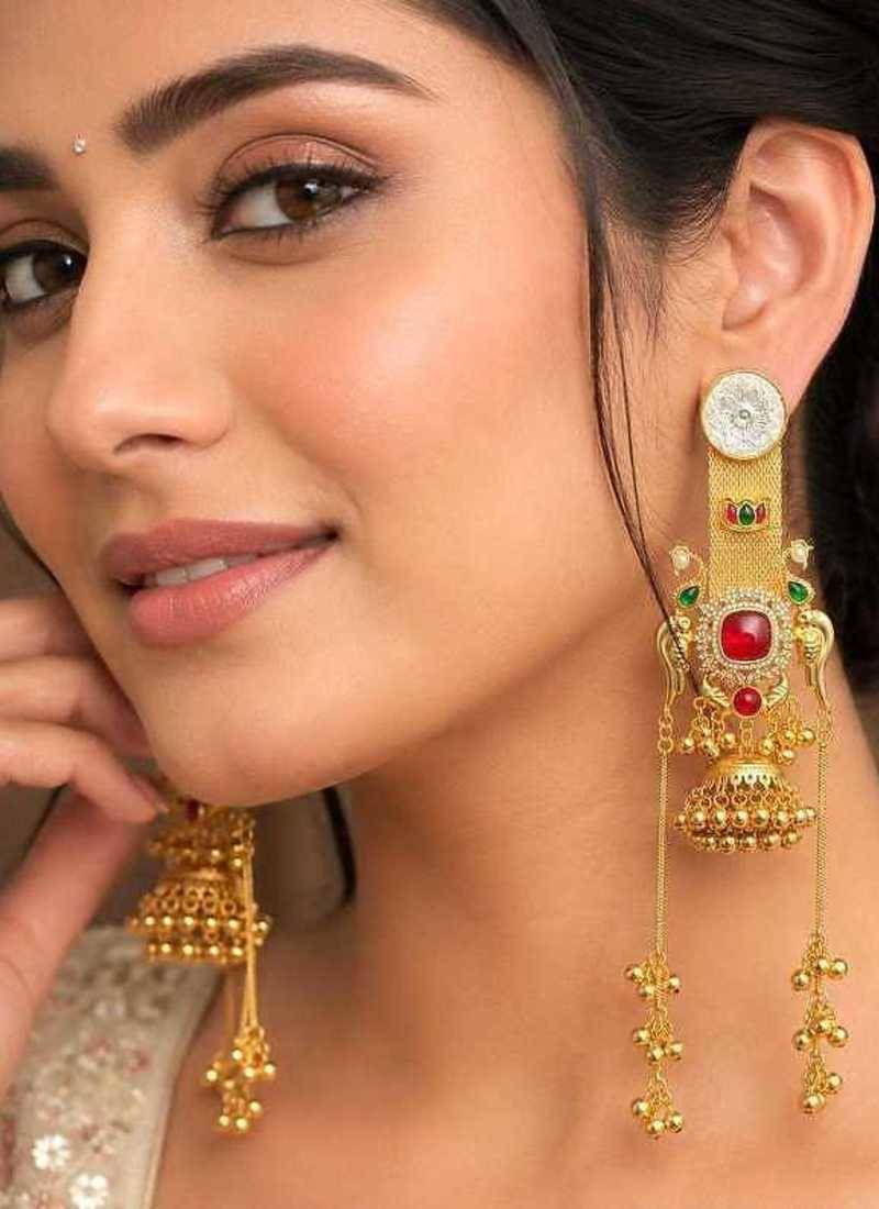 Indian Bridal Jhumka Earrings, Long Gold Kashmiri Statement Earrings