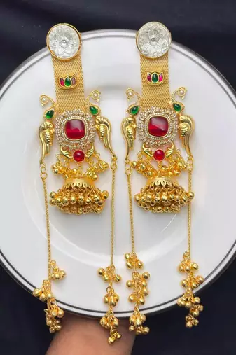 Indian Bridal Jhumka Earrings, Long Gold Kashmiri Statement Earrings