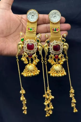 Indian Bridal Jhumka Earrings, Long Gold Kashmiri Statement Earrings