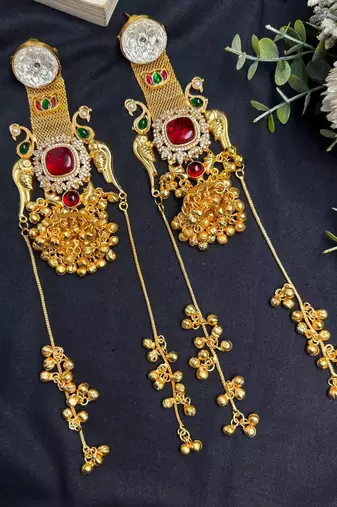 Indian Bridal Jhumka Earrings, Long Gold Kashmiri Statement Earrings