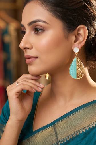 Gold-plated pear-shaped filigree earrings with turquoise and mother-of-pearl accents