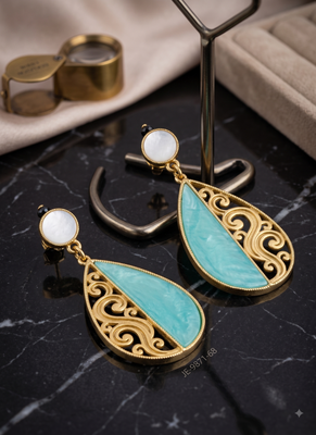 Gold-plated pear-shaped filigree earrings with turquoise and mother-of-pearl accents 2