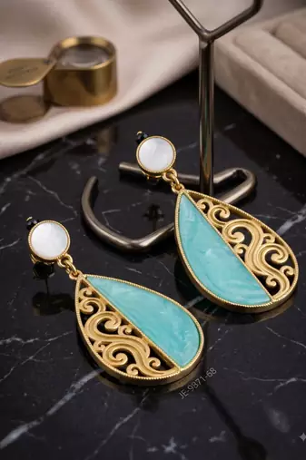 Gold-plated pear-shaped filigree earrings with turquoise and mother-of-pearl accents