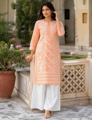peach color fancy embroidery thread work cotton kurti palazzo set 1