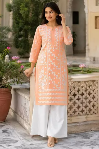 peach color fancy embroidery thread work cotton kurti palazzo set