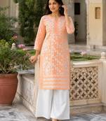 peach color fancy embroidery thread work cotton kurti palazzo set