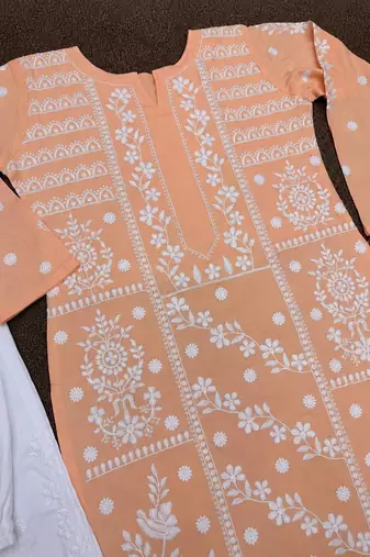 peach color fancy embroidery thread work cotton kurti palazzo set
