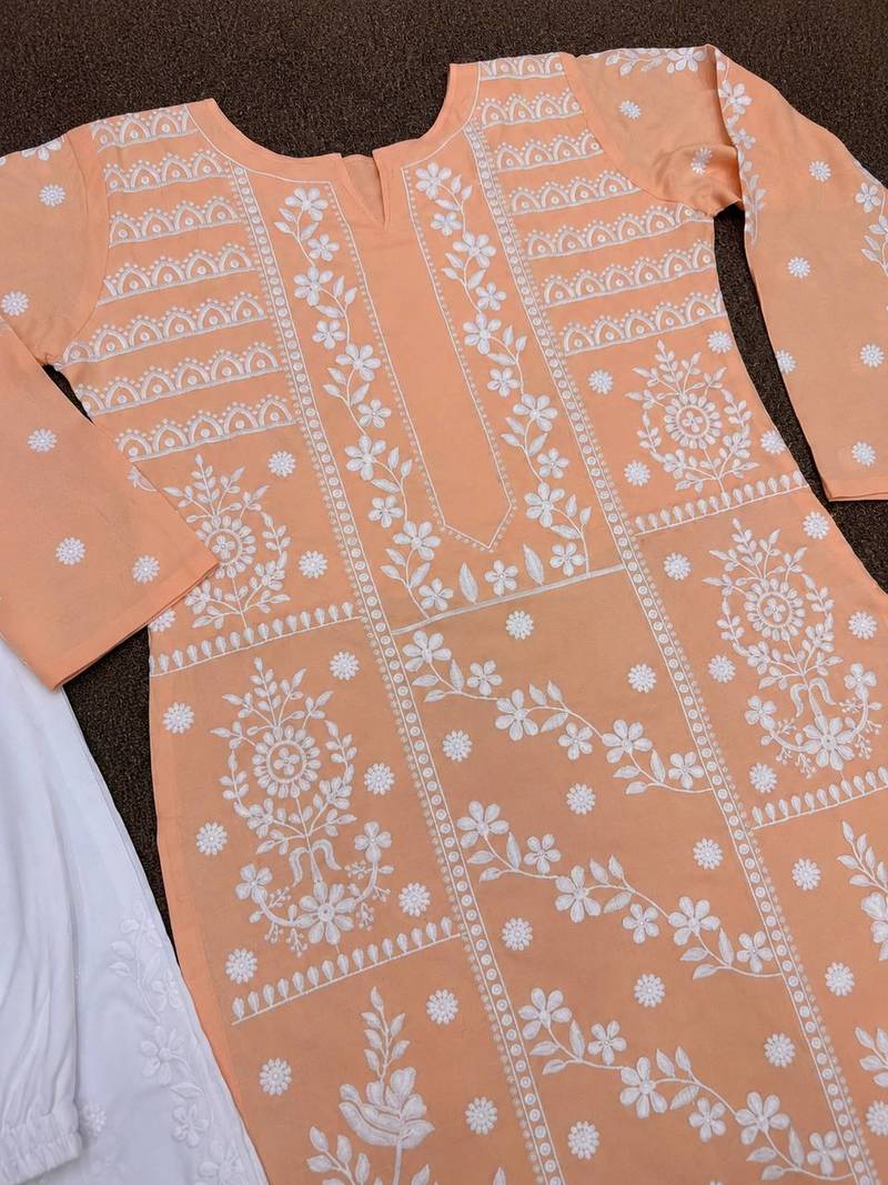 peach color fancy embroidery thread work cotton kurti palazzo set