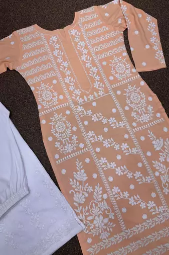 peach color fancy embroidery thread work cotton kurti palazzo set