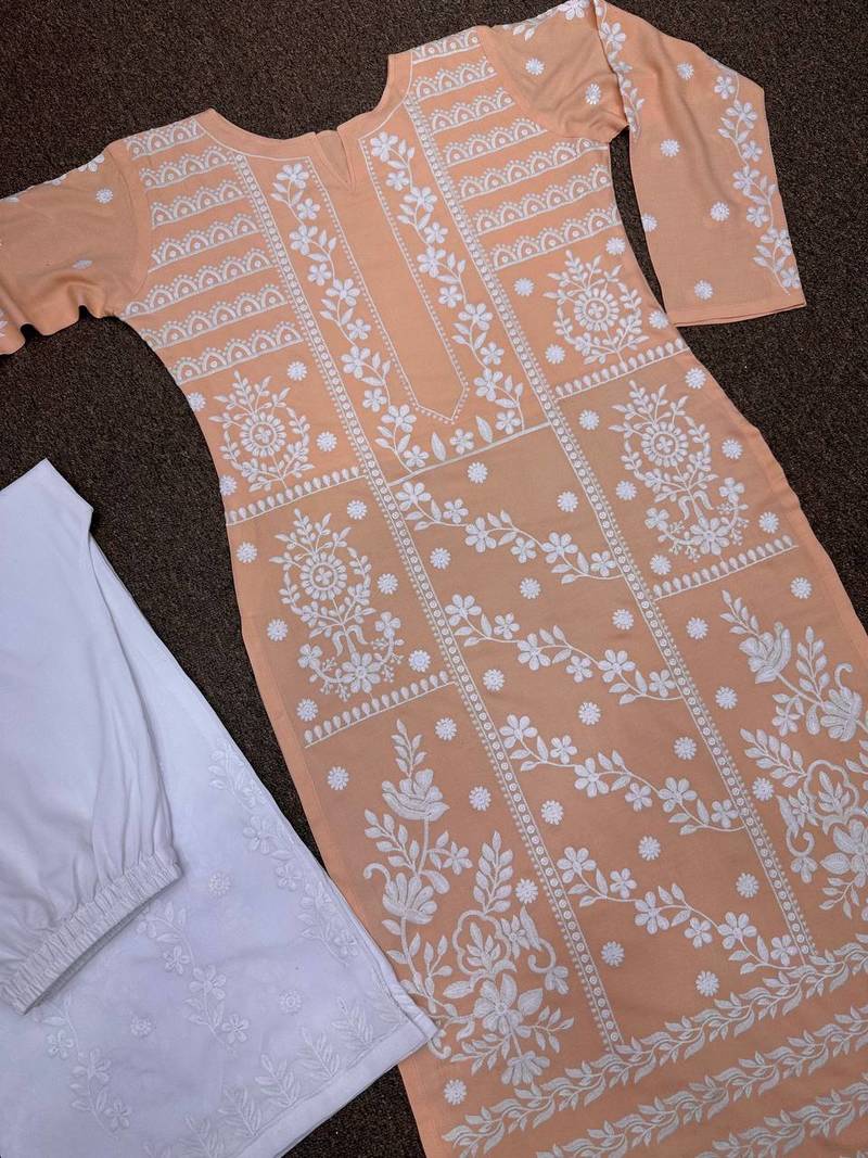 peach color fancy embroidery thread work cotton kurti palazzo set