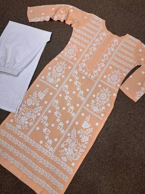peach color fancy embroidery thread work cotton kurti palazzo set 4