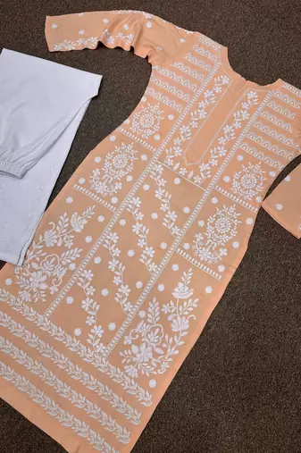 peach color fancy embroidery thread work cotton kurti palazzo set