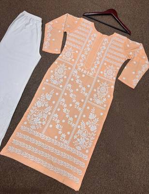 peach color fancy embroidery thread work cotton kurti palazzo set 5