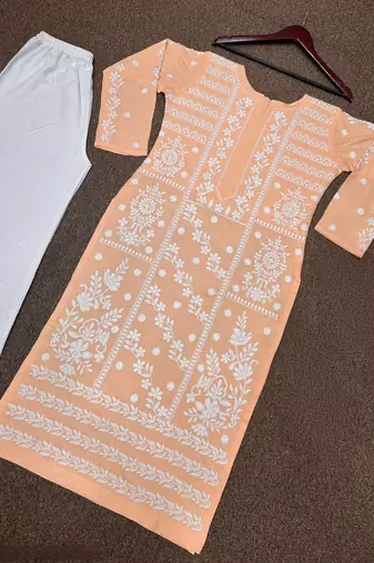 peach color fancy embroidery thread work cotton kurti palazzo set