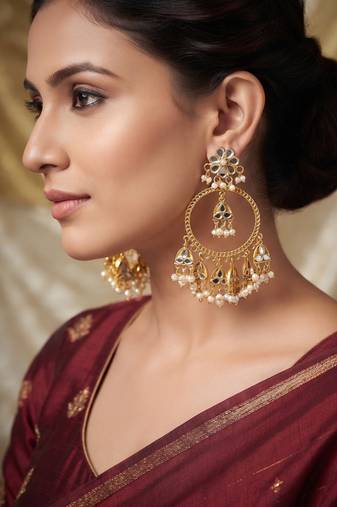 Elegant gold-plated mirror and pearl jhumka hoop earrings