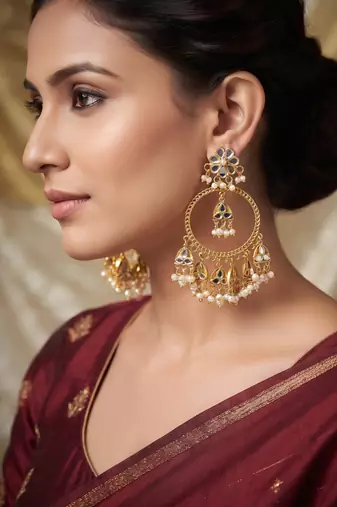 Elegant gold-plated mirror and pearl jhumka hoop earrings