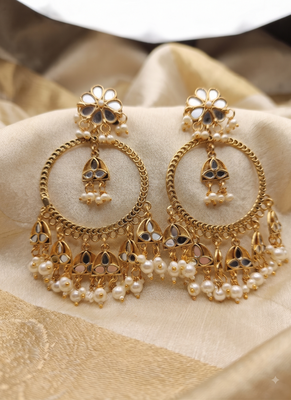 Elegant gold-plated mirror and pearl jhumka hoop earrings 2