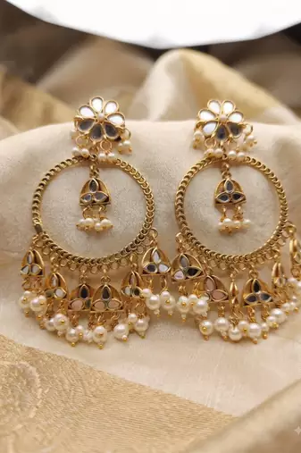 Elegant gold-plated mirror and pearl jhumka hoop earrings
