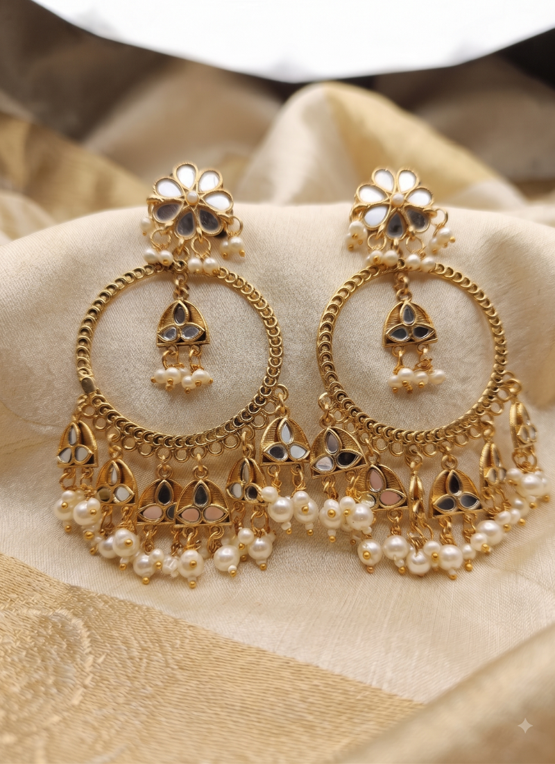 Elegant gold-plated mirror and pearl jhumka hoop earrings