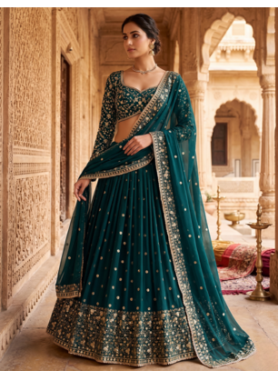 Dark Teal Green Embroidered Lehenga Choli with Dupatta 1
