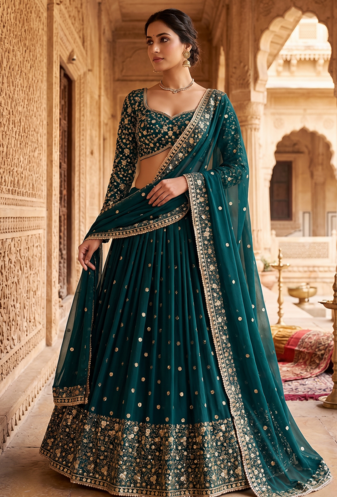 Dark Teal Green Embroidered Lehenga Choli with Dupatta