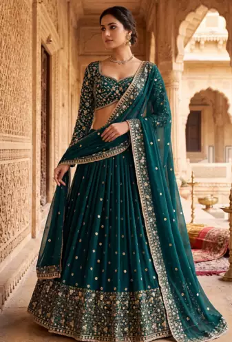 Dark Teal Green Embroidered Lehenga Choli with Dupatta