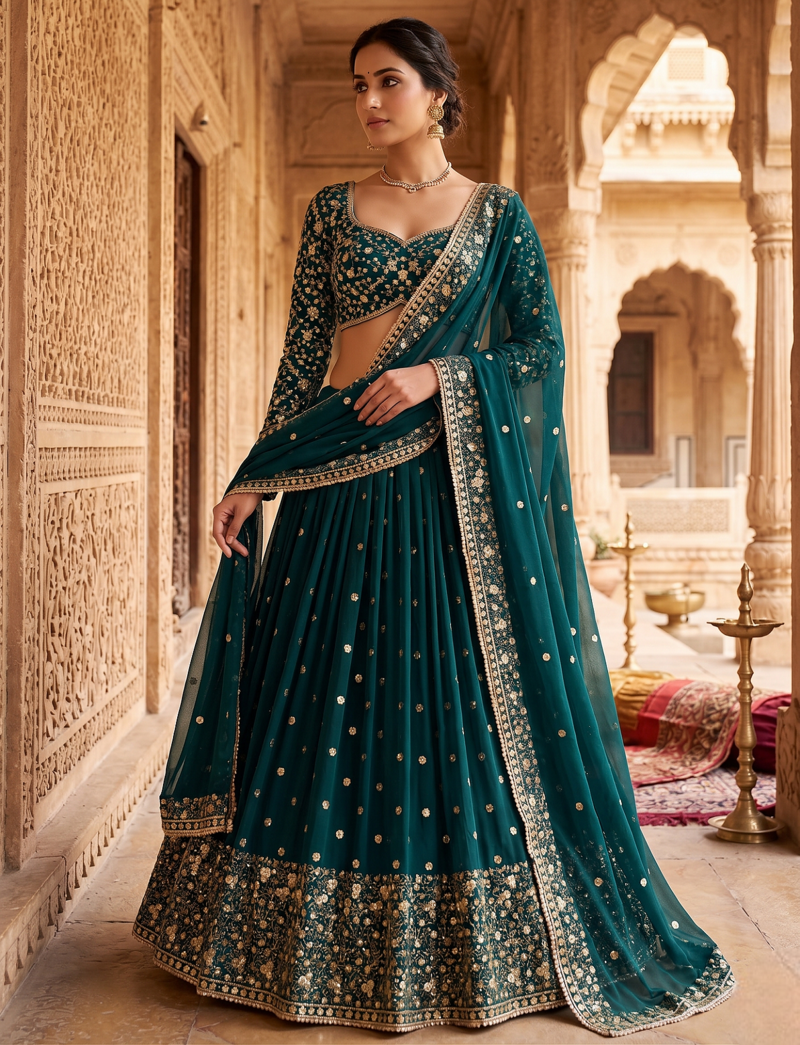 Dark Teal Green Embroidered Lehenga Choli with Dupatta