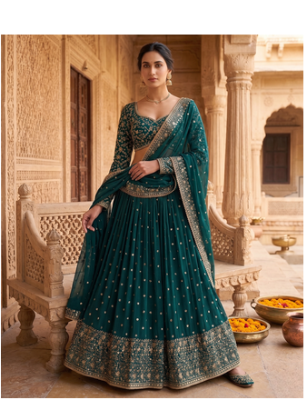Dark Teal Green Embroidered Lehenga Choli with Dupatta 2