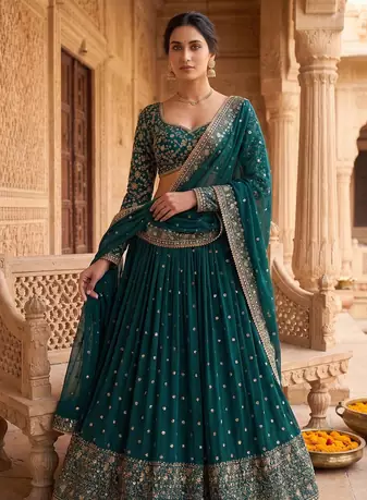 Dark Teal Green Embroidered Lehenga Choli with Dupatta