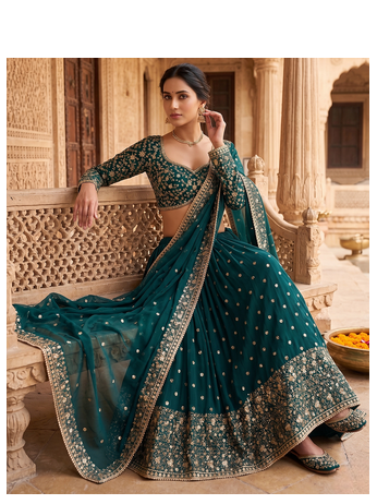 Dark Teal Green Embroidered Lehenga Choli with Dupatta 3