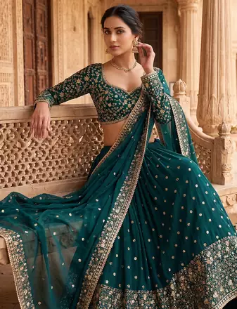 Dark Teal Green Embroidered Lehenga Choli with Dupatta