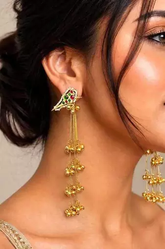 Meenakari Kundan Long Dangle Earrings, Indian Gold Tone Earrings, Rajasthani Bridal Jewelry