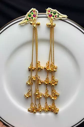 Meenakari Kundan Long Dangle Earrings, Indian Gold Tone Earrings, Rajasthani Bridal Jewelry
