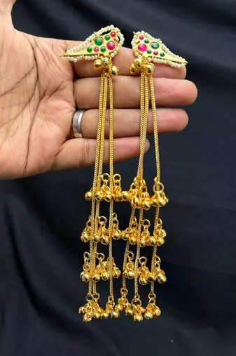 Meenakari Kundan Long Dangle Earrings, Indian Gold Tone Earrings, Rajasthani Bridal Jewelry