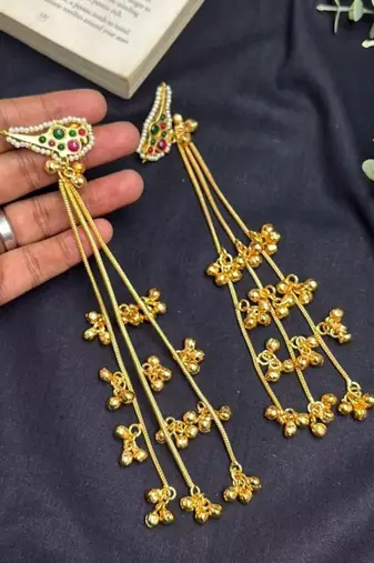 Meenakari Kundan Long Dangle Earrings, Indian Gold Tone Earrings, Rajasthani Bridal Jewelry