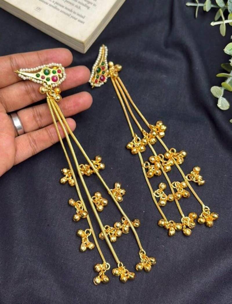 Meenakari Kundan Long Dangle Earrings, Indian Gold Tone Earrings, Rajasthani Bridal Jewelry
