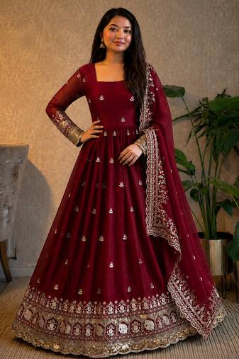 Women's maroon zari sequence embroidery work anarkali gown with dupatta