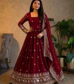 Women's maroon zari sequence embroidery work anarkali gown with dupatta