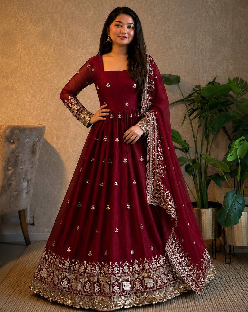 Women's maroon zari sequence embroidery work anarkali gown with dupatta