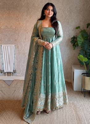Women's sky blue zari sequence embroidery work anarkali gown with dupatta 1