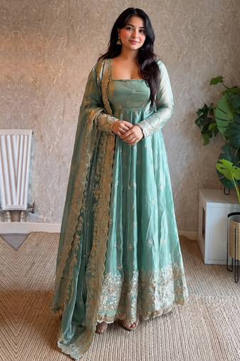 Women's sky blue zari sequence embroidery work anarkali gown with dupatta