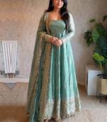 Women's sky blue zari sequence embroidery work anarkali gown with dupatta