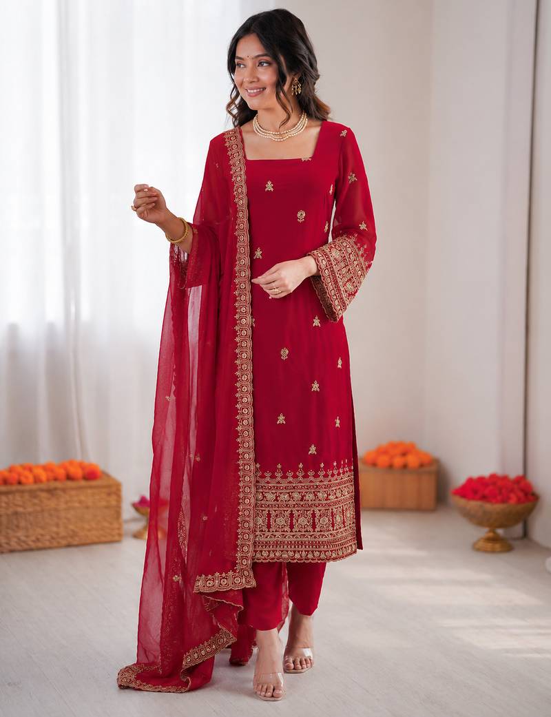 Red georgette thread with sequence salwar suit